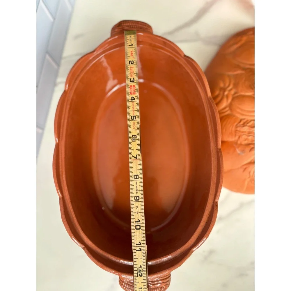 Vintage Terracotta Lidded Casserole Baker Vegetable Harvest Basketweave Oval‎